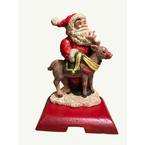 Christmas Handpainted Vintage Stocking Hanger Santa W/Reindeer Adjustable - Picture 4 of 12